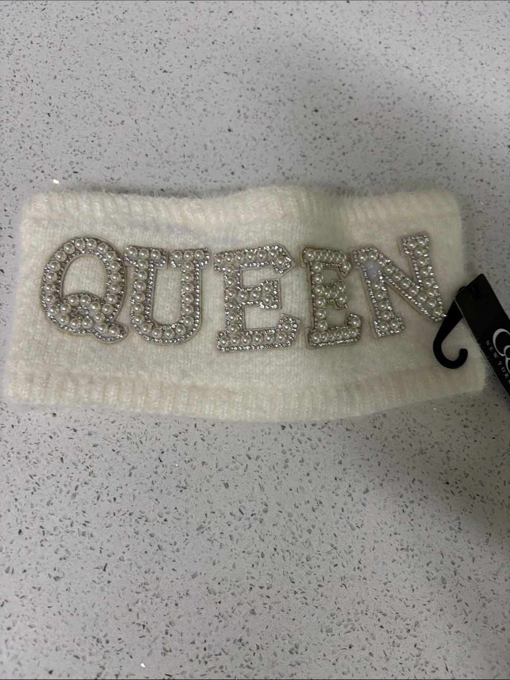 C.C Ivory Knit Headband with Crystal 'QUEEN' Lettering